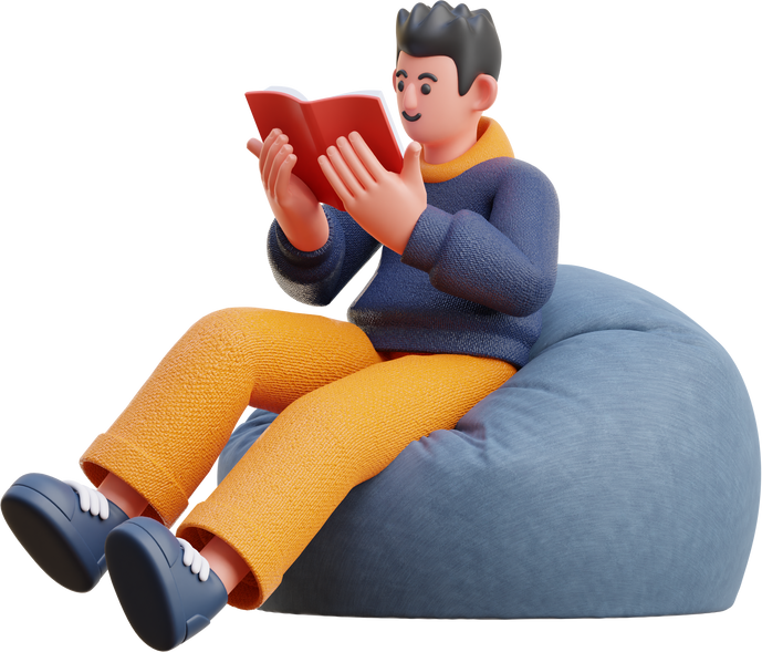 3D Character Male Reading a Book while Sitting on Bean Bag
